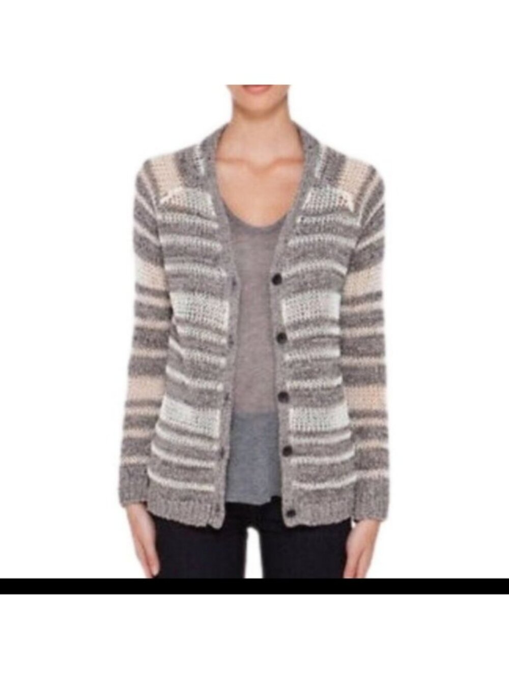 Rag & Bone Open vneck Knit Cardigan Grey & Cream linen blend